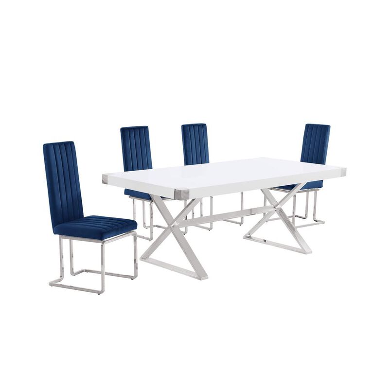 Best Quality Furniture 5pc Small(78) white wood top dining set with silver base and 4 chairs
