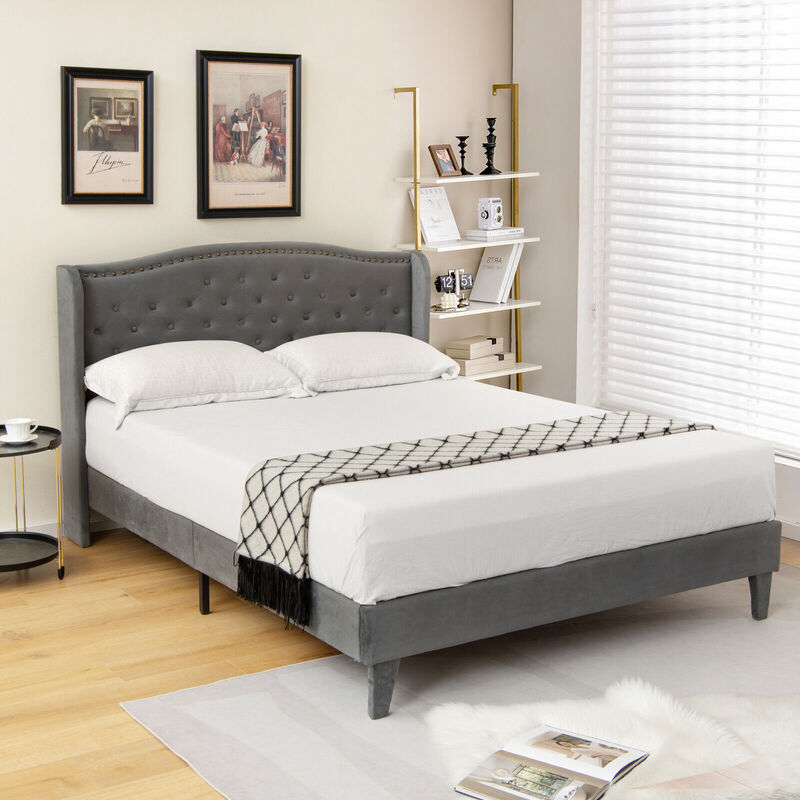 Upholstered Platform Bed Frame with Button Tufted Headboard