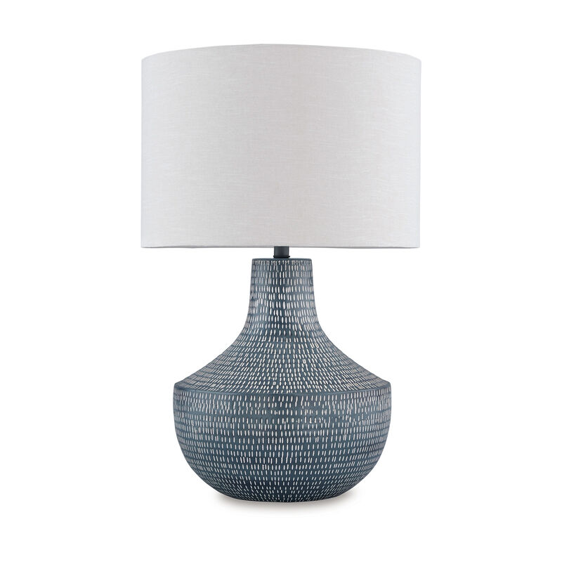 Lym Table Lamp, Gray Hammered Metal Base, White Fabric Shade 28 Inch - Benzara