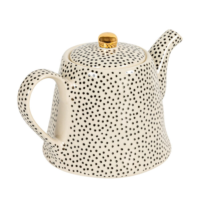 32-Ounce Stoneware Teapot with Black Speckles and Gold Electroplated Accents, Black and White