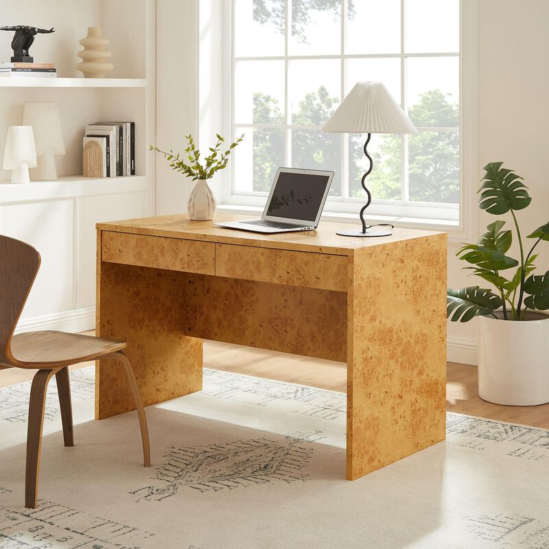Modway Hudson Burl Wood Desk with Drawers in Natural - Modern Writing Desk - Narrow Home Office Desk - Vanity Table Without Mirror image number 1