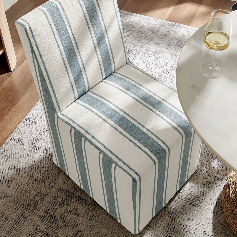 Modway Tessera Upholstered Parsons Dining Room Chair with Removable Blue Stripe Striped Slipcover &ndash; Modern Linen-Like Slipcovered Dining Side Chair with Rolling Casters image number 9