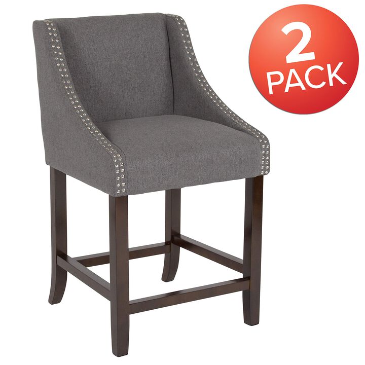 Flash Furniture Carmel Series 24" High Transitional Walnut Counter Height Stool with Nail Trim in Dark Gray Fabric, Set of 2