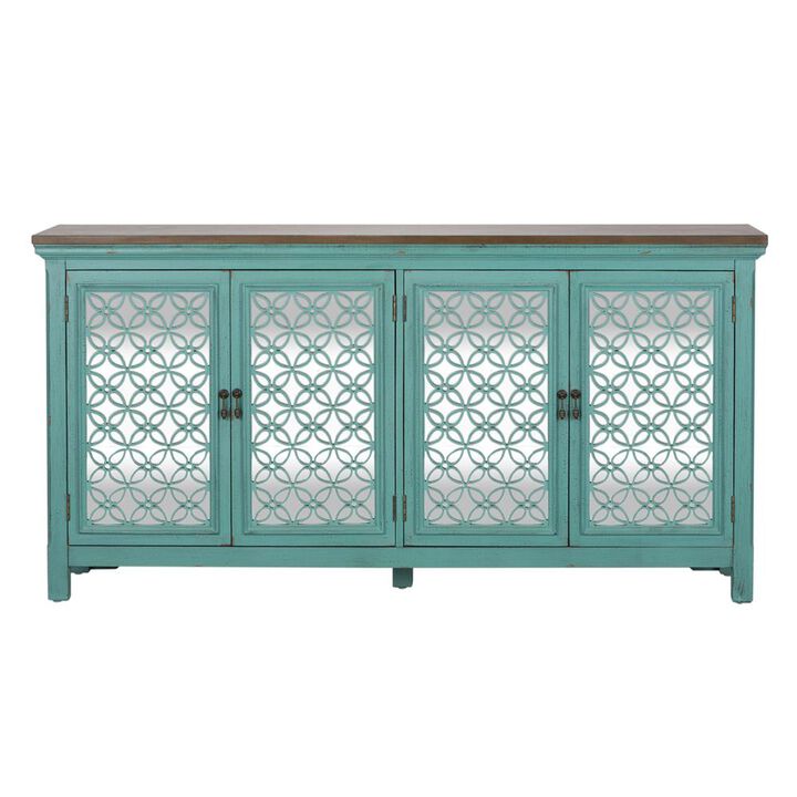 Liberty Furniture Kensington 4 Door Accent Cabinet in Turquoise w/ Worn Wood Tone Top