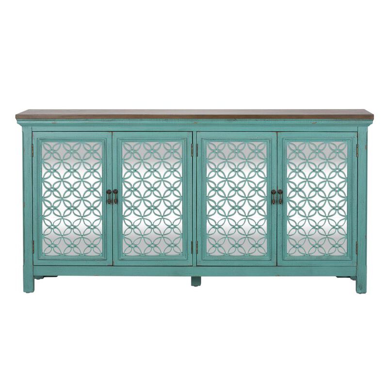 Liberty Furniture Kensington 4 Door Accent Cabinet in Turquoise w/ Worn Wood Tone Top image number 1