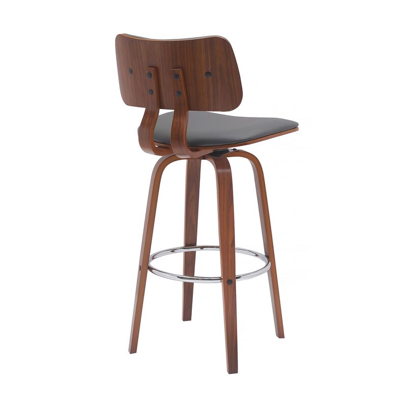 Pino 30 Inch Swivel Barstool Chair, Gray Faux Leather, Walnut Brown Wood - Benzara