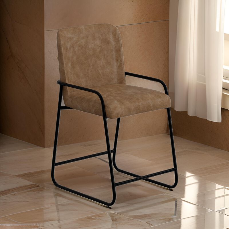 Suze Counter Height Chair, Arched Back, Black, Cognac Brown Faux Leather - Benzara