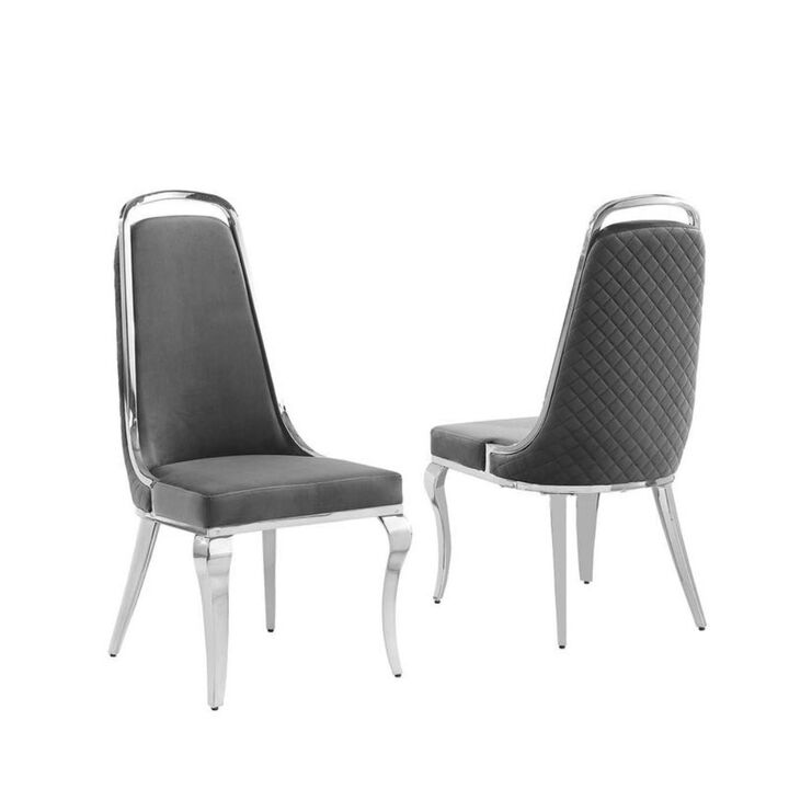Best Quality Furniture Dark Grey Velvet High Back Chair With Silver Chrome Trim, Set Of 2