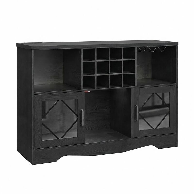 Home Bar Cabinet with LED Lighting, Wine Rack and Power Outlet-Black image number 0