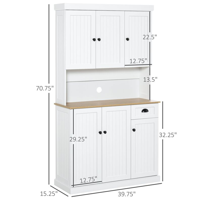 71" Buffet with Hutch, Modern Kitchen Pantry Storage Cabinet with Microwave Oven Countertop, Drawer, and Cupboard, White