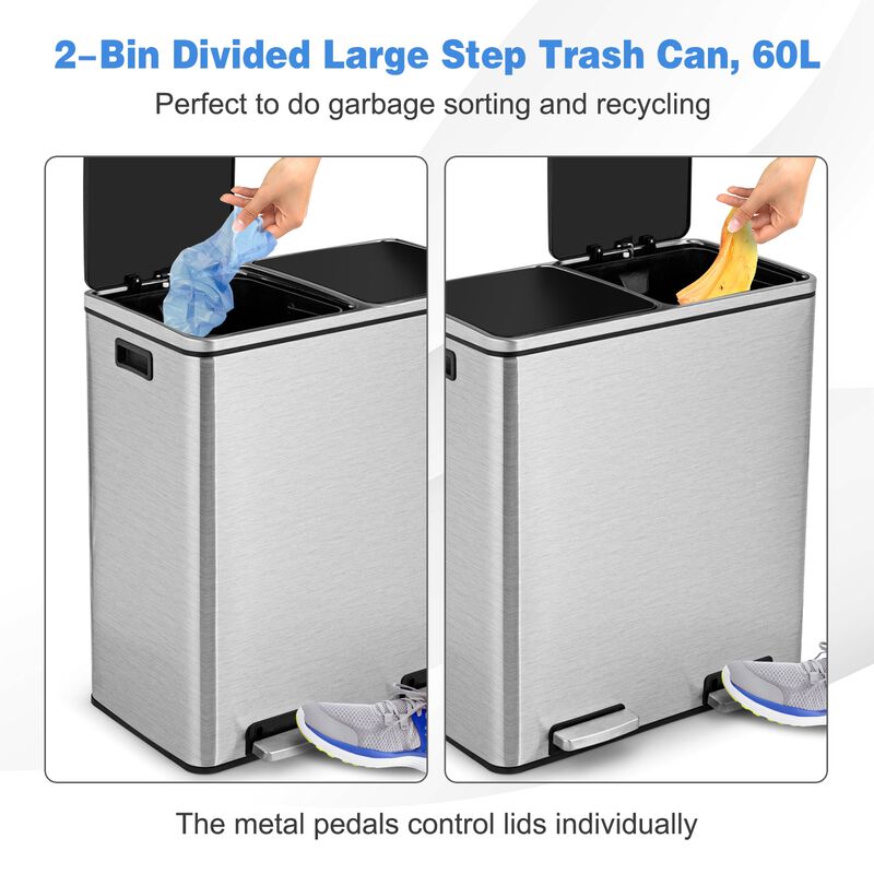 16 Gallon Dual Step Trash Can Recycling Double Bucket Pedal