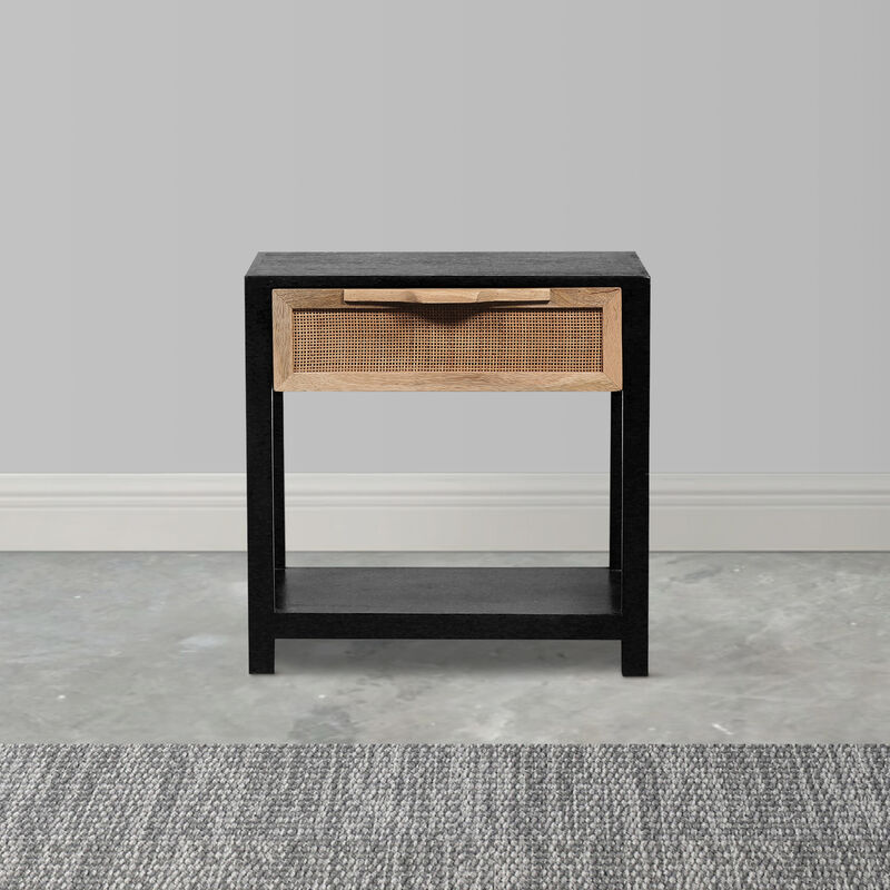 Rosette 22 Inch Side End Table, Natural Brown Rattan Front Drawer, Open Shelf, Black Mango Wood Frame