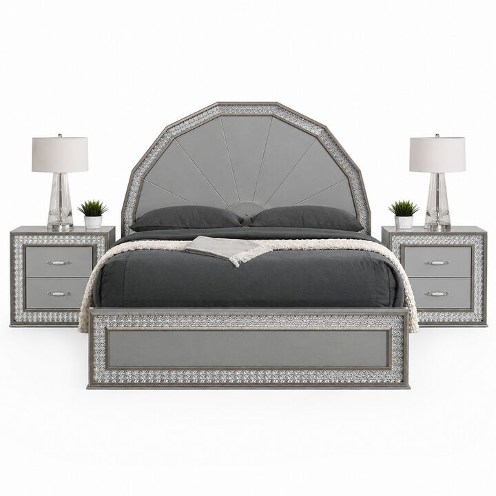 Queen Bedroom Set, Metallic Gray, Silver Wood, 3 Piece Set with 2 Nightstands