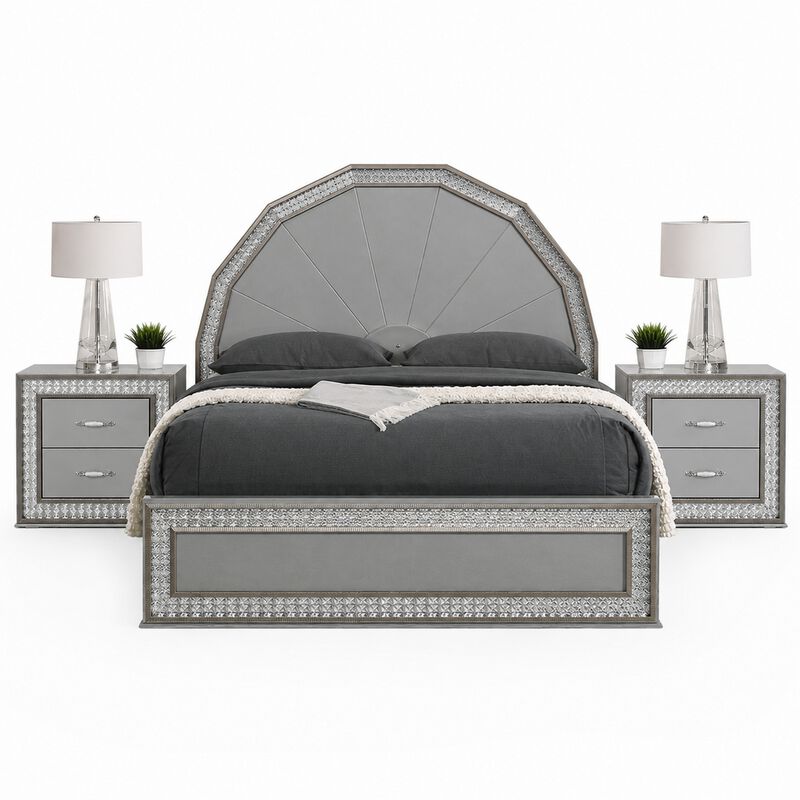 Queen Bedroom Set, Metallic Gray, Silver Wood, 3 Piece Set with 2 Nightstands image number 0
