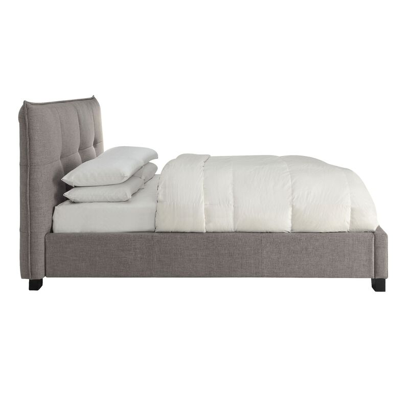 Amy Low Profile Queen Bed, Tufted Linen, Knife Edges, Gray