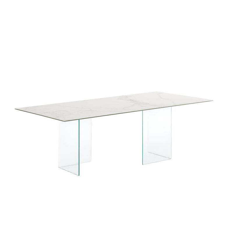 Casabianca Home Miami Dining Table With Clear Base And White Marbled Porcelain Top