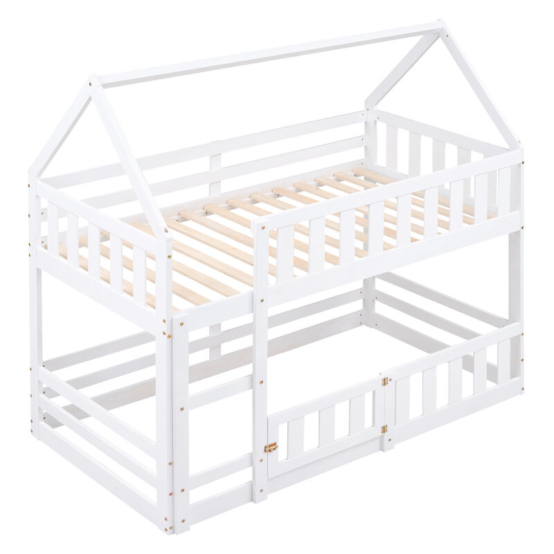 Whisen Wood Twin over Twin House-Shaped Bunk Bed with Fence with Door and Ladder - White