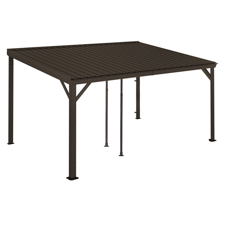 10X14FT Wall Mounted Gazebos Pergola with Built in Drainage System, Galvanized Steel Roof Hardtop Patio Shelter, Gray