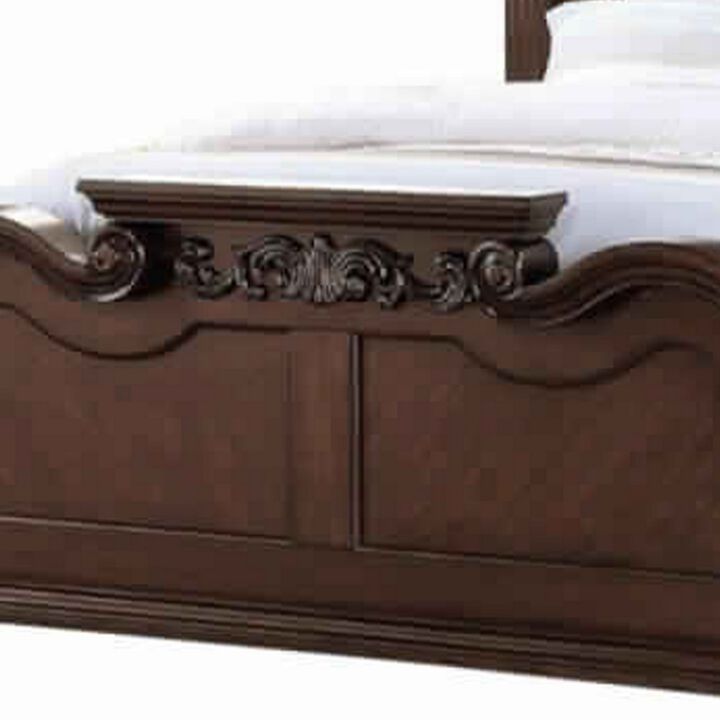Ornated Carved & Upholstered Black PU Tufted Wooden E.King Bed Dark Walnut - Benzara