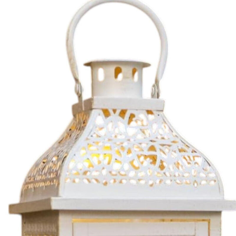 HomeRoots Set of Two Cream Distressed Filigree Metal Tabletop Lantern Candle Holders image number 3
