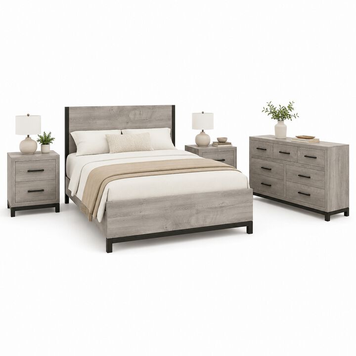 Queen Bedroom Set, Gray Wood, 4 Piece Set with 2 Nightstands and Dresser