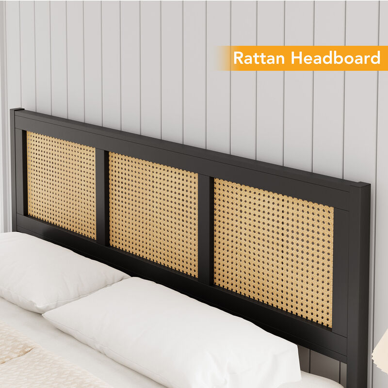 Boho‑Style Rattan Platform Bed Frame, Multi‑Size Options, Headboard Included, Sturdy Noise‑Free Metal Slats, No Box Spring Needed image number 2