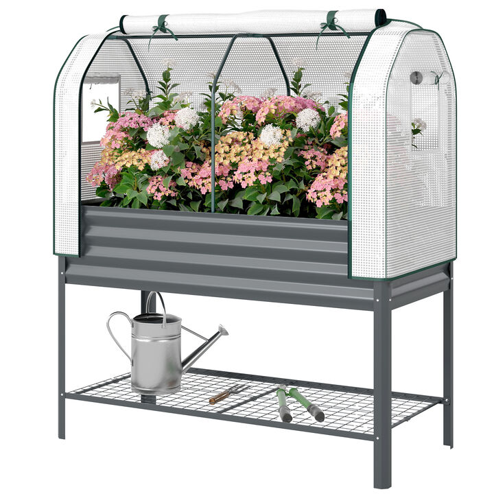 Hivvago Metal Raised Planter with Greenhouse Cover and Shelf