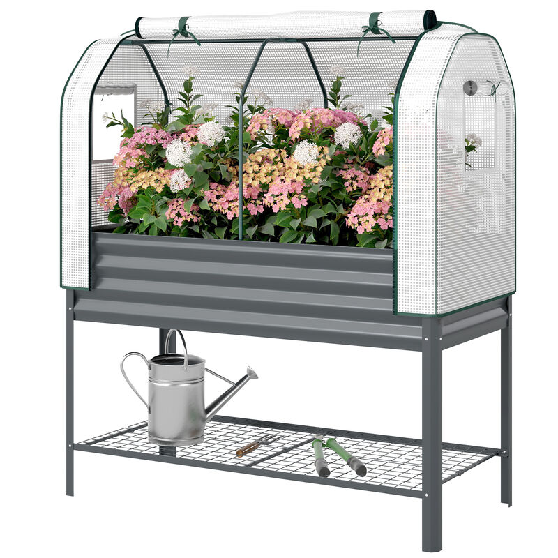 Hivvago Metal Raised Planter with Greenhouse Cover and Shelf image number 0