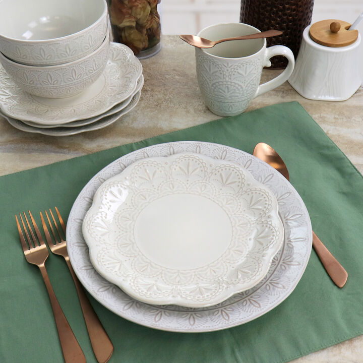 Elama White Lace 16 Piece Luxurious Stoneware Dinnerware with Complete Setting for 4