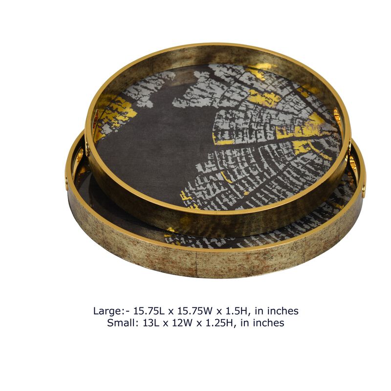 Archy Round Tray, Set of 2, Abstract Patterns, Black-Gold Polyurethane image number 7