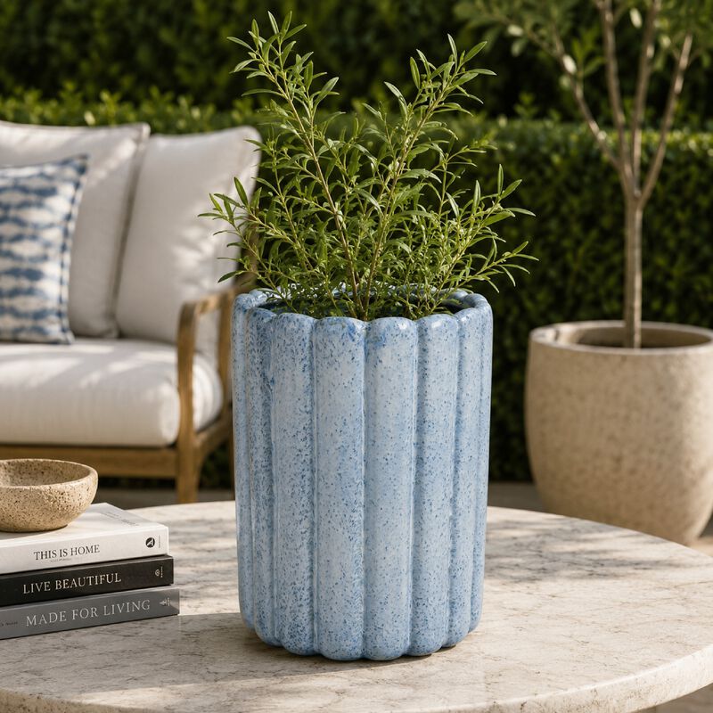 Scalloped Planter, Cylindrical Shape, Speckled Blue Ceramic 11 Inch image number 1