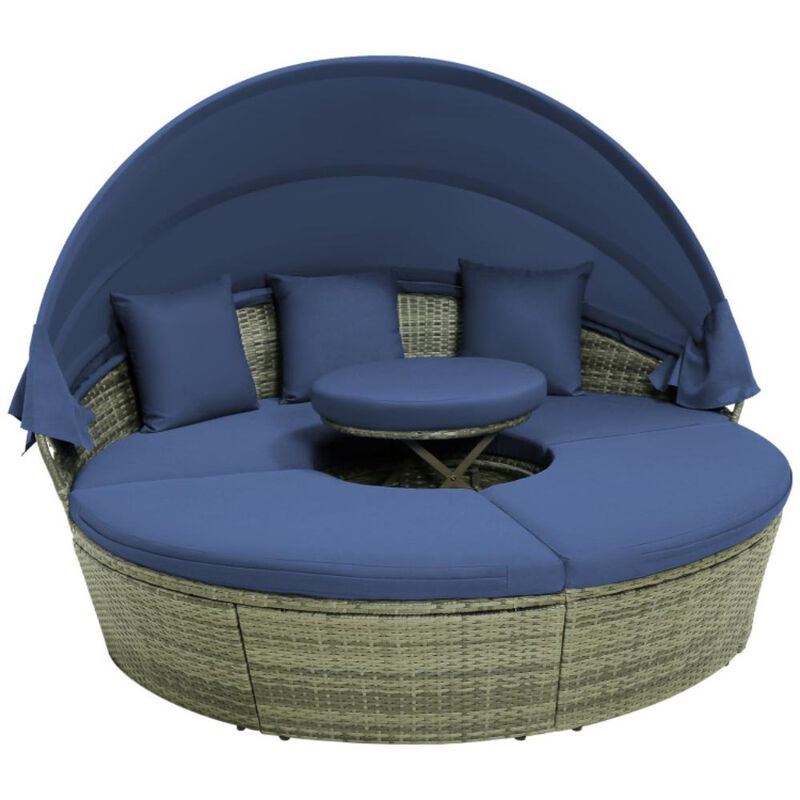 Hivvago Outdoor PE Wicker Round Daybed with Retractable Canopy and Cushions