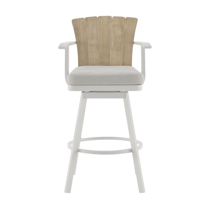 Luna 30 Inch Outdoor Swivel Barstool Chair, Rustic Teak Wood, White - Benzara