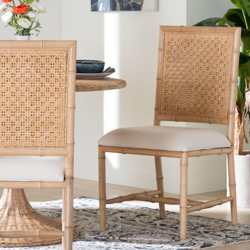 bali & pari Sandy Dining Chair - Crafted Wood and Natural Rattan Side Chair with Bamboo Motif and Upholstered Seat image number 7