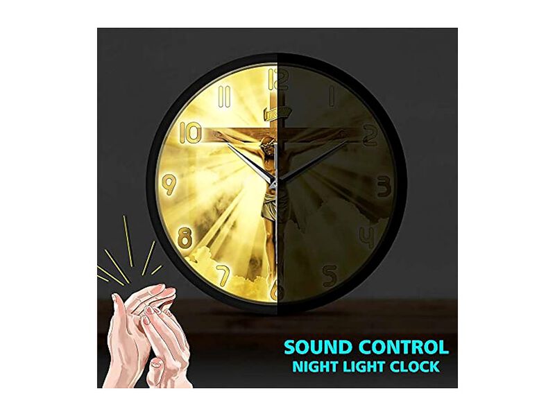 Voice Control LED Lighting Jesus Christ Wall Clock Silent Metal Home Decor image number 1