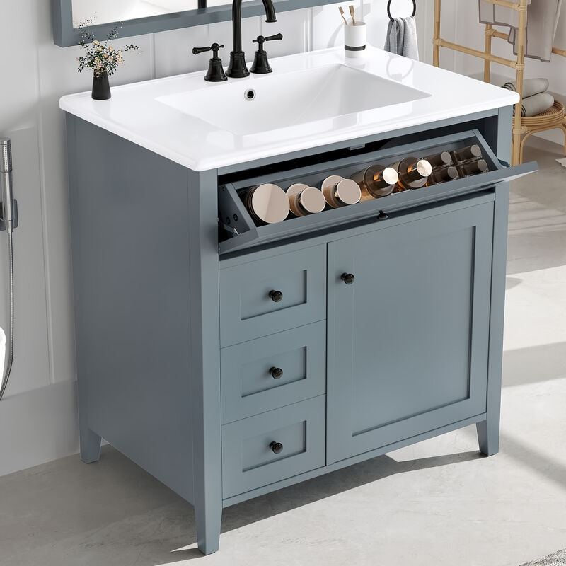 Merax Bathroom Storage Vanity with 3 Left Drawers, Right Cabinet with Adjustable Shelves image number 3