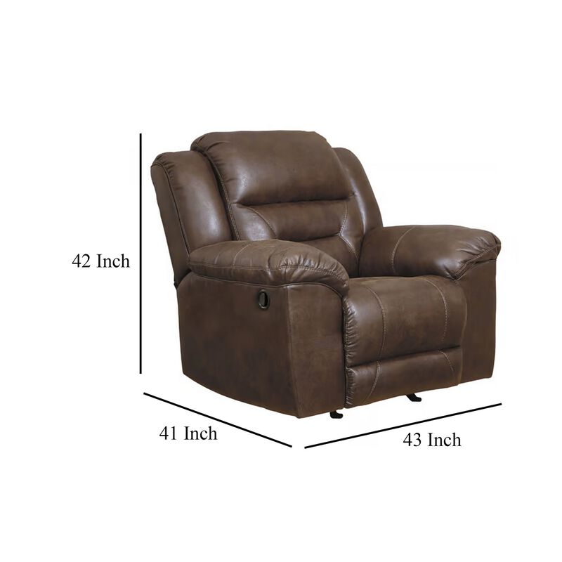 Aky Manual Rocker Recliner Chair, Smooth Chocolate Brown Faux Leather - Benzara