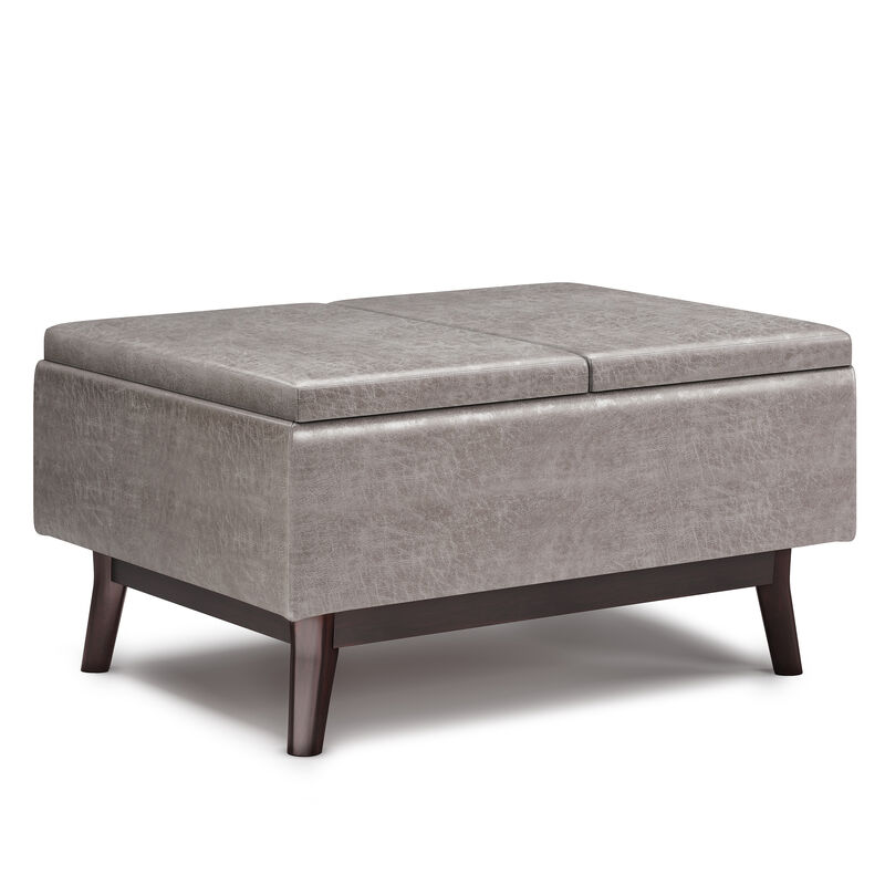 Owen 34 inch Wide Mid Century Modern Rectangle Tray Top Small Coffee Table Storage Ottoman in Distressed Grey Vegan Faux Leather, Assembled image number 0