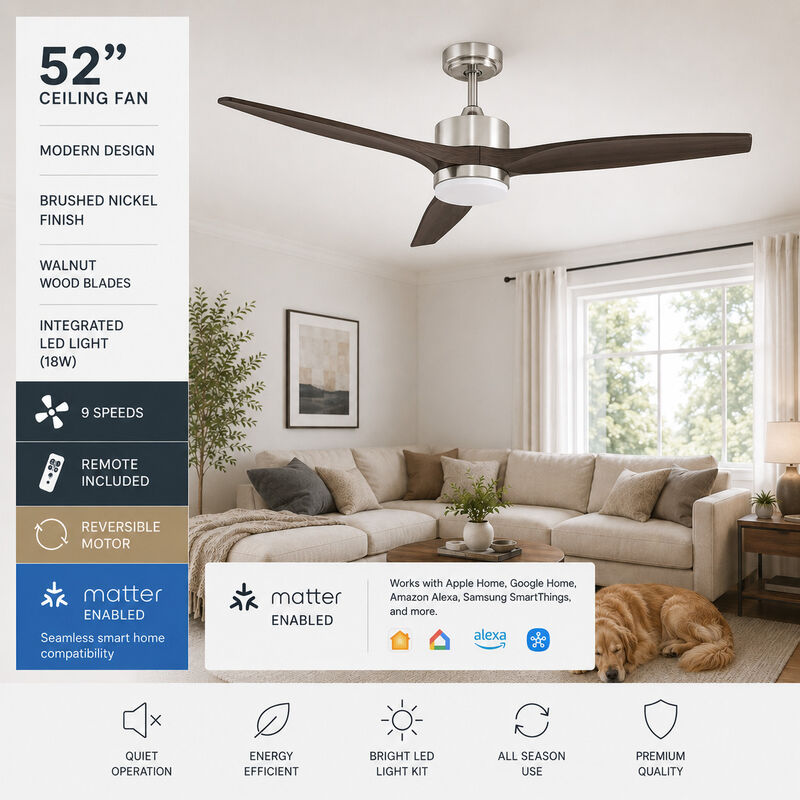 ENLIGHT 52" Smart DC Ceiling Fan with Light, Matter Smart Home Integration, CCT and Dimmable LED, 3 Blades, Indoor Rated image number 1