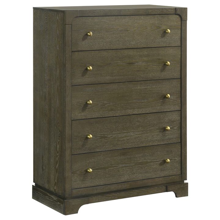 Seon Tall Dresser Chest, 5 Drawers with Brass Knobs, Dark Cocoa Brown - Benzara