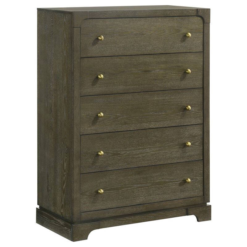 Seon Tall Dresser Chest, 5 Drawers with Brass Knobs, Dark Cocoa Brown - Benzara