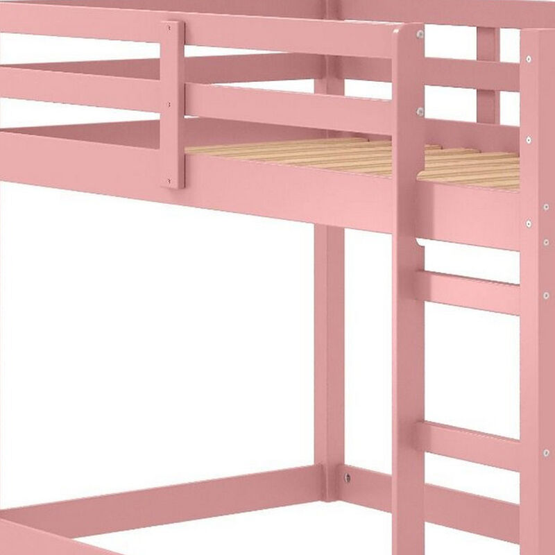 Twin Loft Bed with Wooden Frame and Attached Ladder, Pink-Benzara