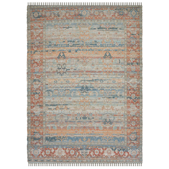 HomeRoots 5' X 7' Blue Brick Red And Ivory Oriental Hand Woven Area Rug With Fringe