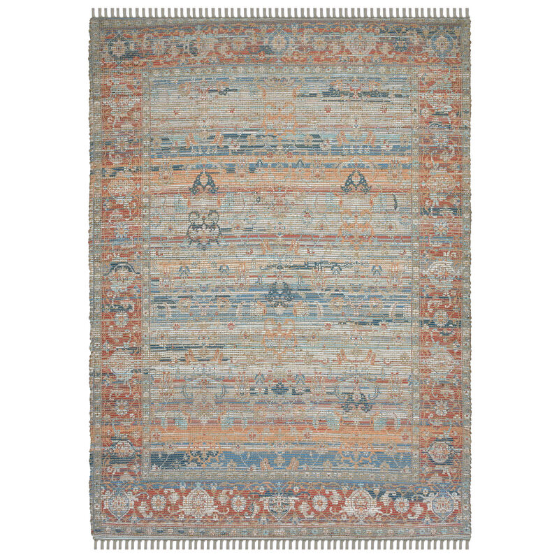 HomeRoots 5' X 7' Blue Brick Red And Ivory Oriental Hand Woven Area Rug With Fringe image number 0