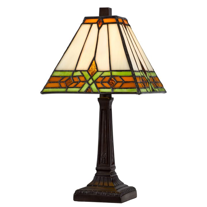 Eli 14 Inch Accent Lamp, Stained Square Tiffany Style Shade, Bronze Frame-Benzara