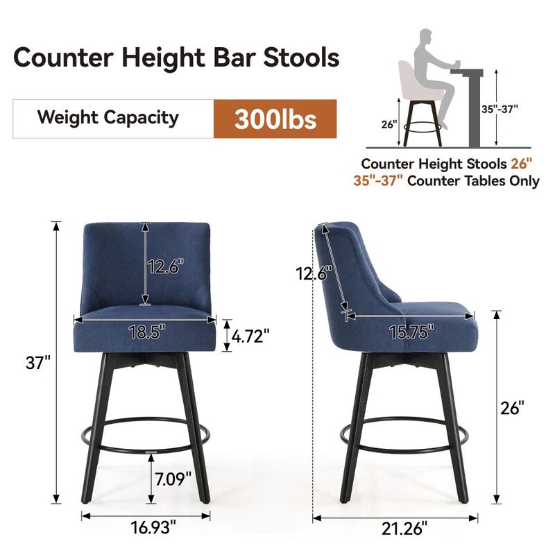 Counter Height Bar Stools, 26" Swivel Barstools with Backs, Linen Bar Chairs for Dining Room, Blue image number 1