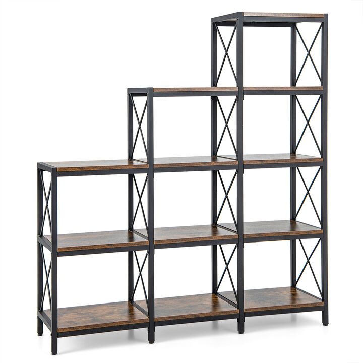 9 Cubes Bookcase with Carbon Steel Frame for Home Office-Rustic Brown