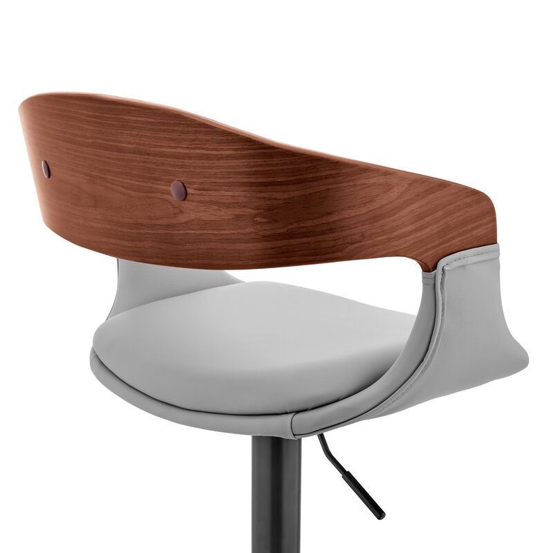 Benson Adjustable Gray Faux Leather and Walnut Wood Stool with Black Base