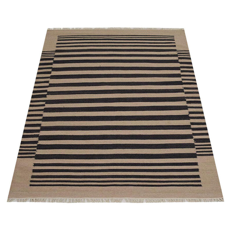 Rugsotic Carpets Hand Woven Flat Weave Kilim Wool 10'x13' Area Rug Cream Charcoal D00125