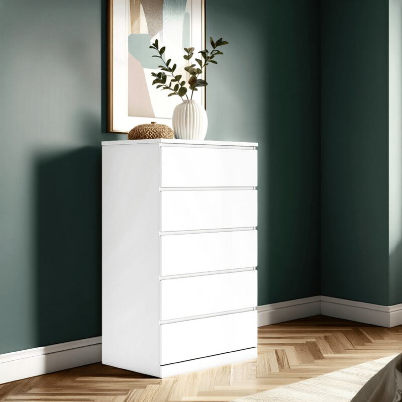 Onira Tall Dresser Chest, 5 Spacious Drawers, Modern White, 49 Inch